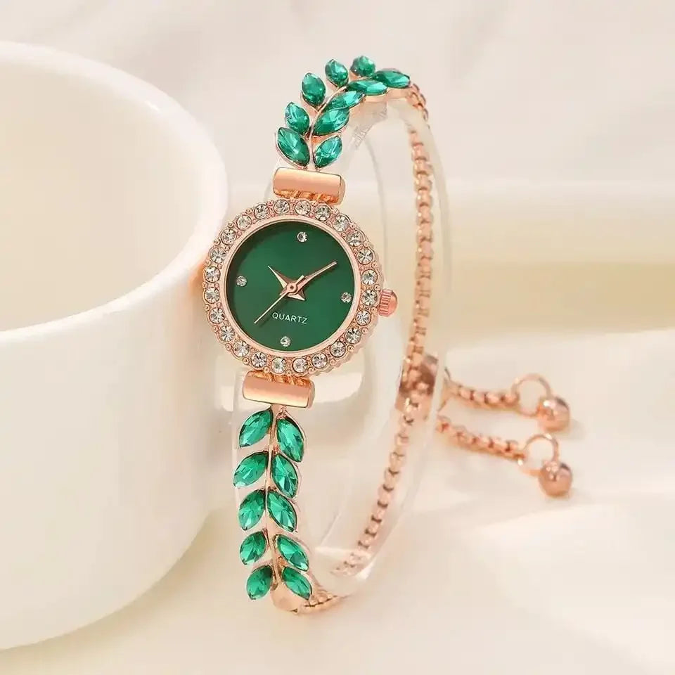2026 New Fashion Diamond studded Leaf Round Women's Watch with Simple Dial and Free Adjustable Watch Set