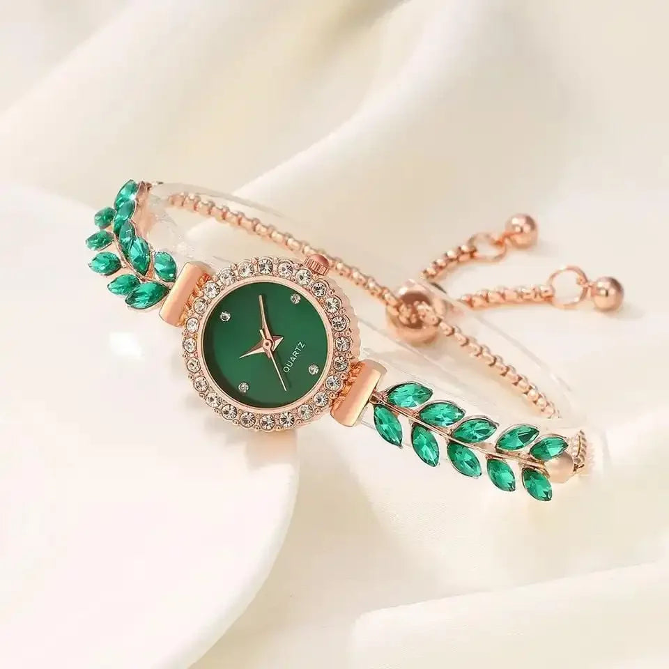 2026 New Fashion Diamond studded Leaf Round Women's Watch with Simple Dial and Free Adjustable Watch Set