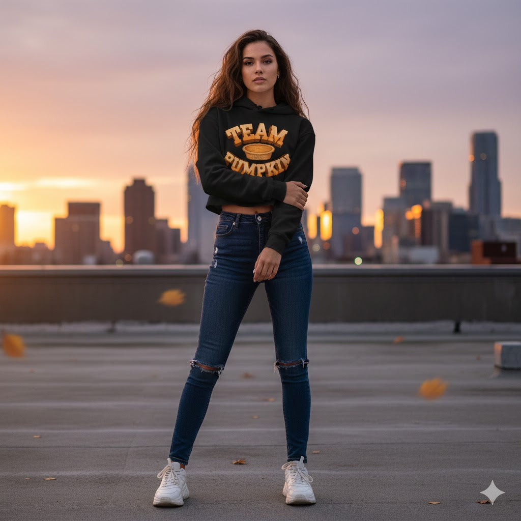 Team Pumpkin 3D Graffiti Crop Hoodie - Retro Fall Streetwear - Cozy Autumn Vibes Graphic